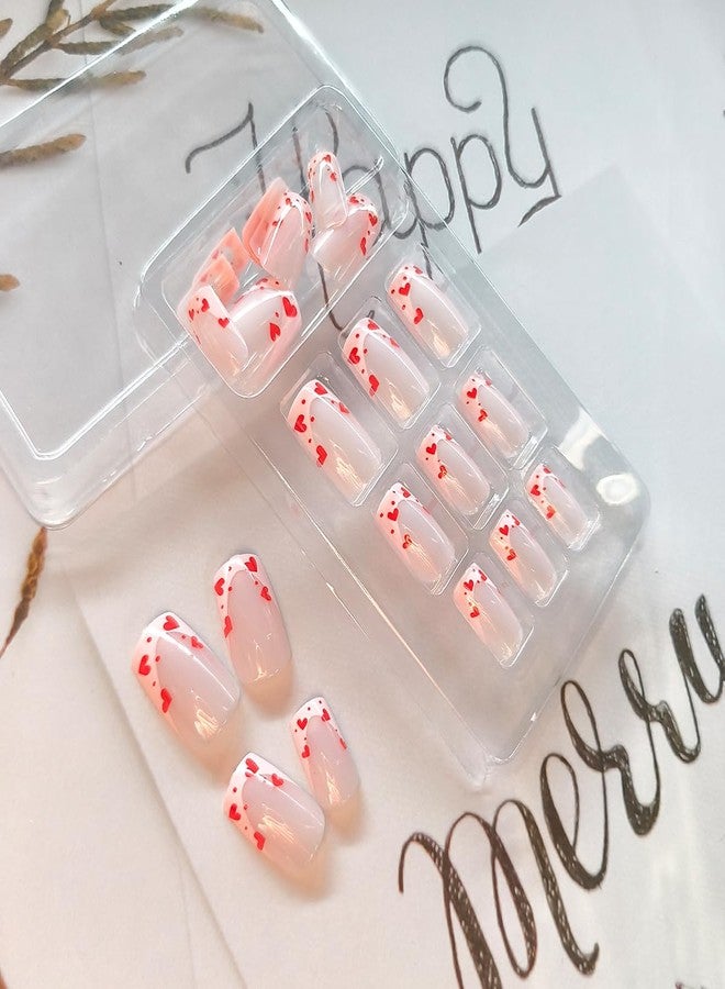 OSTTMA 24Pcs Valentines Press on Nails Short Square Fake Nails with Heart Designs French Tip Acrylic False Nails Full Cover Love Hearts Nails Tips Glue on Nails Valentine Nail Art Decorations for Women Girls - Image 4
